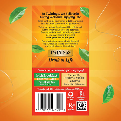 20 Count (Pack 1), 20 Twinings Decaffeinated English Breakfast Individually Wrapped Bags, of Flavourful & Robust, Enjoy