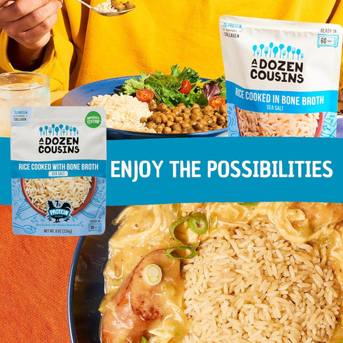 Dozen 6pk, 8oz Packets A Cousins Bone Broth Rice Variety Ready to Eat Seasoned High Protein Rice, Clean Ingredients