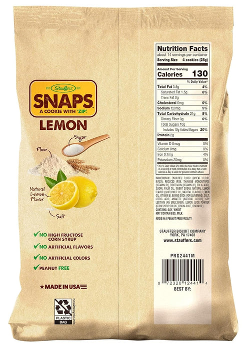 STAUFFERS Lemon SNAPS Cookies - 14oz Bag, Lemon Flavored Cookies with No High Fructose Corn Syrup