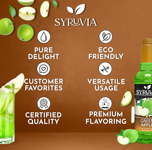 25.4 oz, Syruvia Green Apple Syrup, Flavored Syrup for Drinks, Cocktails, Lemonades, Iced Teas, and Desserts fl