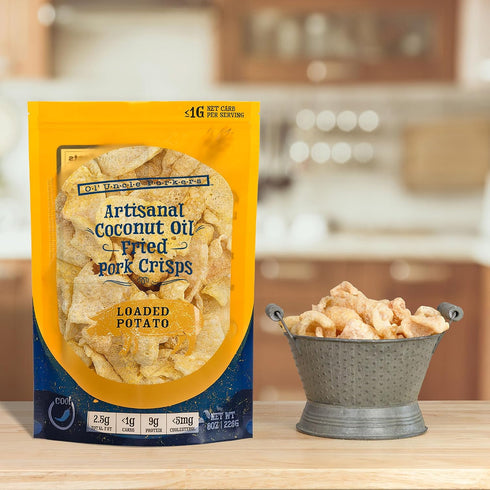 8 oz Pack 1) Ol' Uncle Porkers Keto-Friendly Pork Rinds Fried in Coconut Oil, Bags, (Loaded Baked Potato Flavor