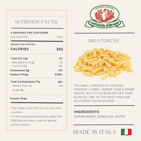 500g Rustichella d'Abruzzo Rigatoncini - Classic Ridged Italian Pasta Tubes - Ideal for Spicy Tomato Sauces & Roman