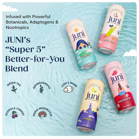 5 12 Oz Juni Sparkling Adaptogen Drink with Ashwagandha, Lions Mane & Reishi Mushrooms, Zero Sugar, Calories, Organic