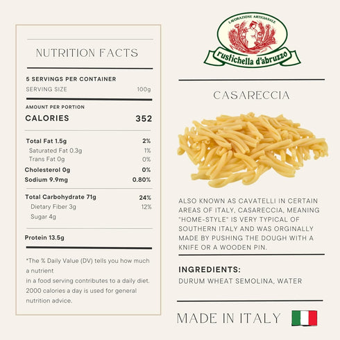 500g Rustichella d'Abruzzo Casareccia - Home-Style Pasta - Classic Durum Wheat Pasta from Italy, Perfect for Soups
