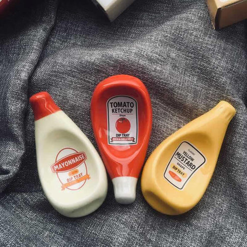 Peiiwdc Creative Seasoning Dish Ceramic Extruded Tomato Sauce Bottle Dipping Saucer Ketchup Mayonnaise Plate Ceramic