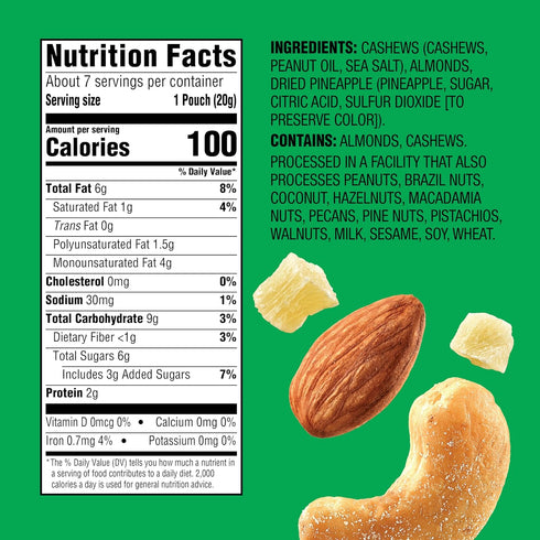 7 (1-Pack), 100-Calorie Packs Emerald Nuts Cashews and Almonds with Dried Pineapple Ct Individual of Mixed Nut Blend