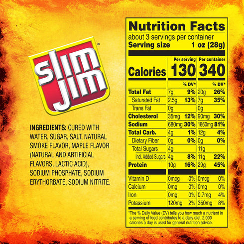 10g 2.75 oz. (8 Count) Slim Jim Smoked Bacon Jerky, Maple Flavor, Protein Per Serving