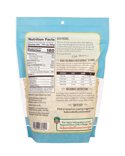 16oz (Pack 4) Bob's Red Mill Organic Old Fashioned Rolled Oats, of - Non GMO, Whole Grain, Vegan, Kosher