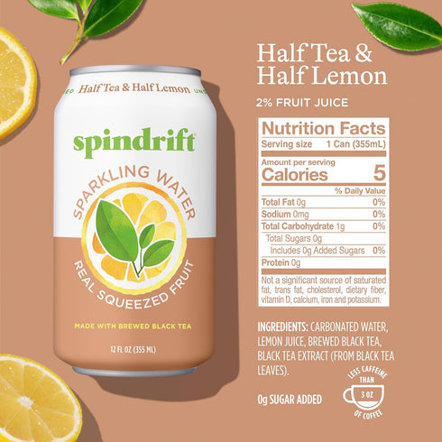 12 Oz Pack 24 5 Spindrift Sparkling Water, Half Tea & Half Lemon Flavored, Made with Real Squeezed Fruit, Fl Cans
