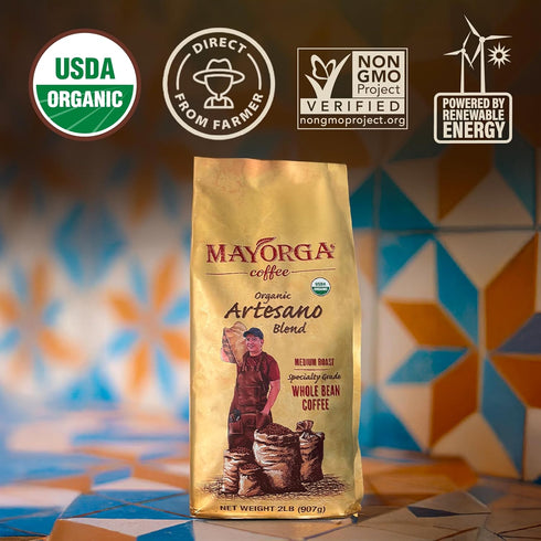 2lb 100% Mayorga Organic Coffee Artesano Blend - Medium Roast Whole Bean Coffee Speciality Grade, Arabica, Slow