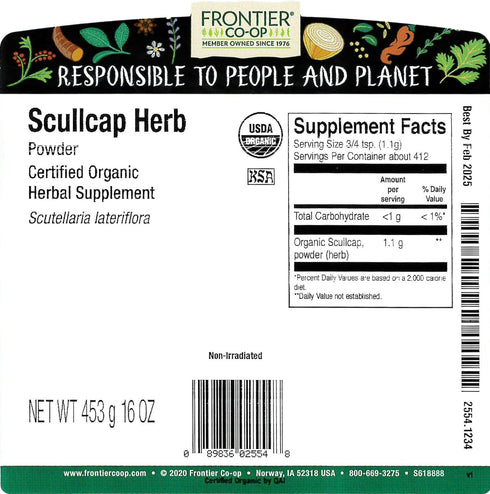1 lb. Frontier Co-op Scullcap Herb Powder, Certified Organic, Kosher | Bulk Bag | Scutellaria lateriflora L.