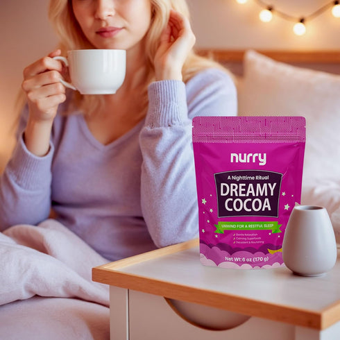 NURRY 30 6 OZ (170 Pack Nighttime Sugar-Free Hot Cocoa Mix, Calming Melatonin-Free Sleep Aid Drink, Mushroom
