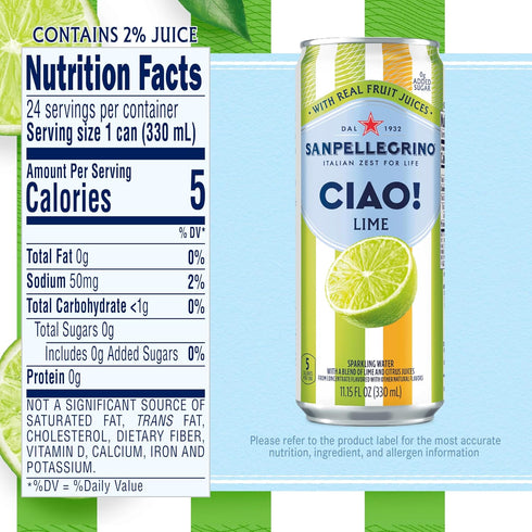 0g 24-Pack Sanpellegrino CIAO! Lime Sparkling Water, Low-Cal, Added Sugar