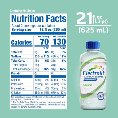 21 Oz (Pack 12) Electrolit, Electrolyte Beverage, Coconut, Fl bottle
