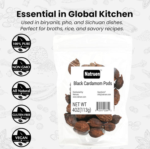 Whole Black Cardamom Pods (Tsao Ko) 4 Ounces, Approx 35 Pods, Natruen, All Natural, Non-GMO Spice