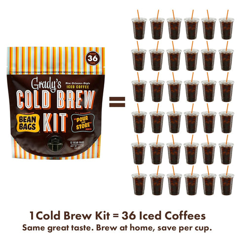 100% 12 36 GRADYS COLD BREW, New Orleans Style, Arabica Ground Coffee & Chicory Pouches, All-in-One Cold Brew Kit