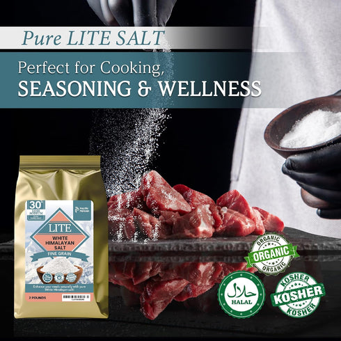 30% 100% (2 LBs) Pacific Pelican Iodized Lite White Himalayan Salt | Less Sodium | Fine Grain, Unrefined, Pure Rock
