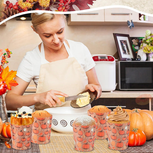 50 Sets 12oz Sets Potchen Fall Panettone Paper Mold Disposable Autumn Paper Bread Molds Baking Cake Pan with Clear