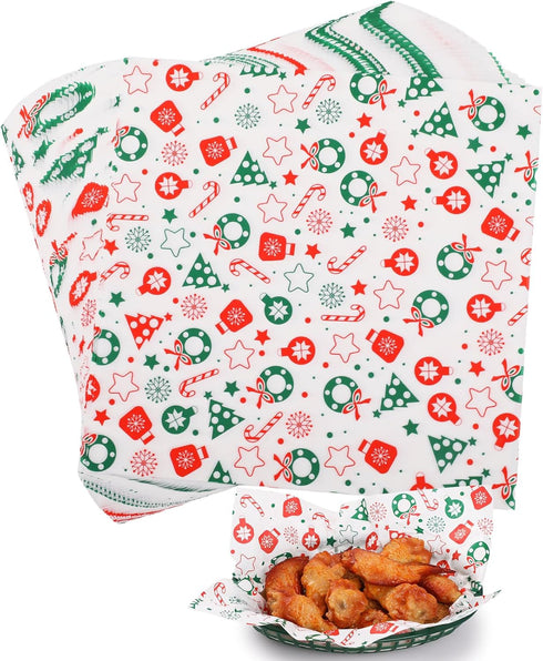 GeeRic Christmas Waxed Deli Paper Sheets for Cookies, 100 Pcs Food Basket Liners