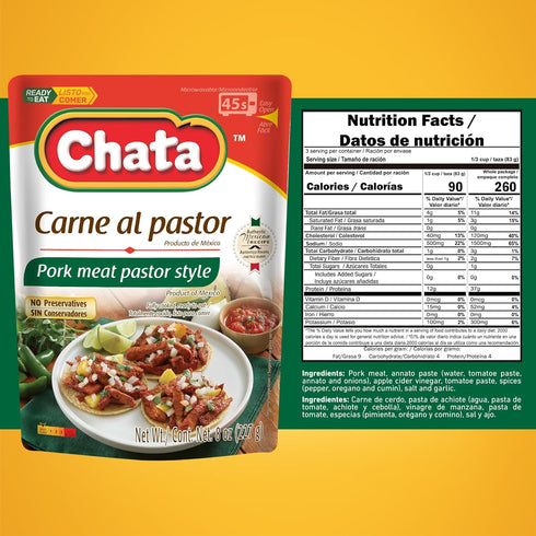 8 oz, Pack 3 Chata Authentic Mexican Carne Al Pastor, Seasoned Pork