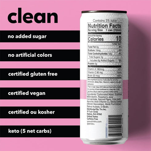 12 OZ 12 Pack Tru Glow Seltzer, Sparkling Water with Biotin, Vitamin C, Vitamin A & Real Raspberry Juice, Sweetened