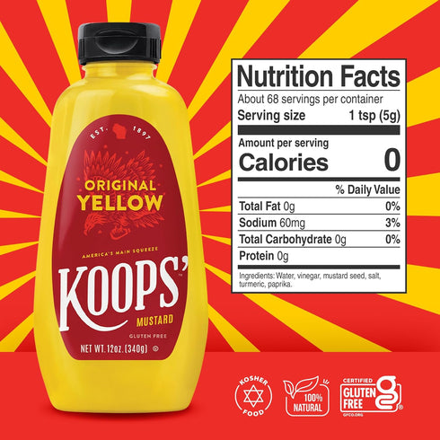 12 Oz, Pack 2 KOOPS' Original Yellow Mustard Gourmet Mustard, Gluten-Free, Kosher, Made In Usa, From Quality Mustard