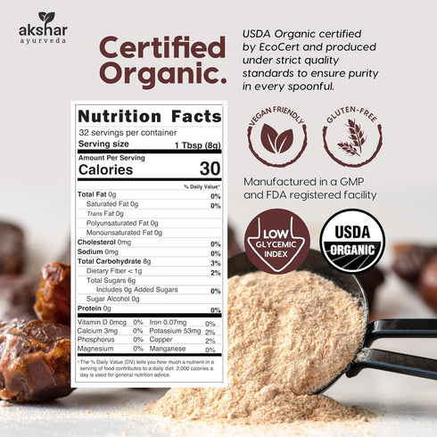 100% (0.55 lb) AKSHAR Ayurveda - Organic Date Sugar, Raw Organic Sugar Alternative for Baking and Desserts High Fiber
