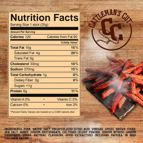 12 Cattleman's Cut Double Smoked Sausages Meat Sticks, Premium Protein Snacks, Keto Friendly, Gluten Free, Carnivore