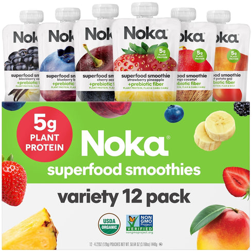 Noka Superfood Fruit Smoothie Pouches Variety Pack, Healthy Snacks with Flax Seed,