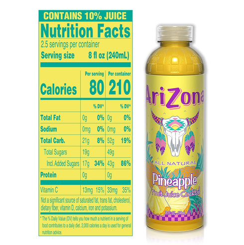 20 Oz (Pack 12) AriZona Pineapple Fruit Juice Cocktail, Fl