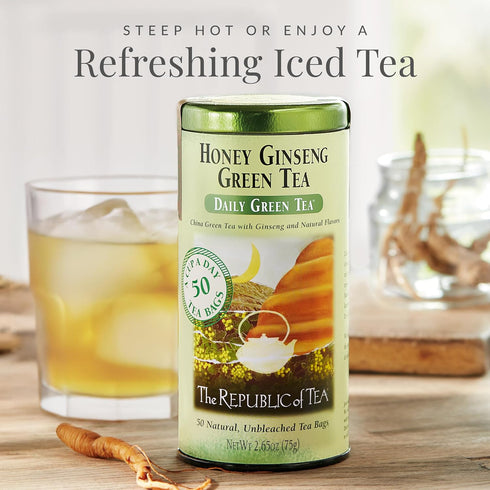 The Republic of Tea - Honey Ginseng Green Tea, 50 Tea Bags, Gourmet Flavored Caffeinated Tin