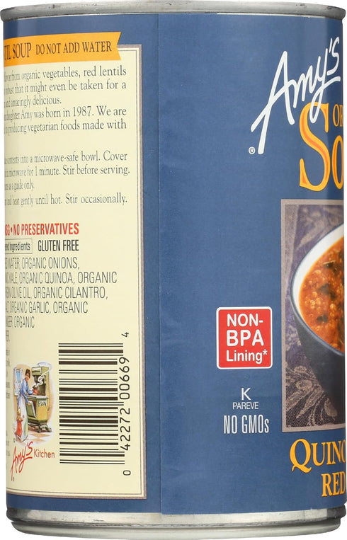 14.4 Oz Amy's Soup, Vegan Quinoa, Kale and Red Lentil Soup, Gluten Free, Made With Organic Vegetables and Lentils