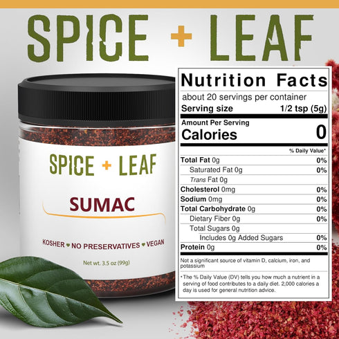 3.5 oz. Premium Ground Sumac Spice by SPICE + LEAF - Vegan Kosher Preservative Free Red Middle Eastern Ground Herb