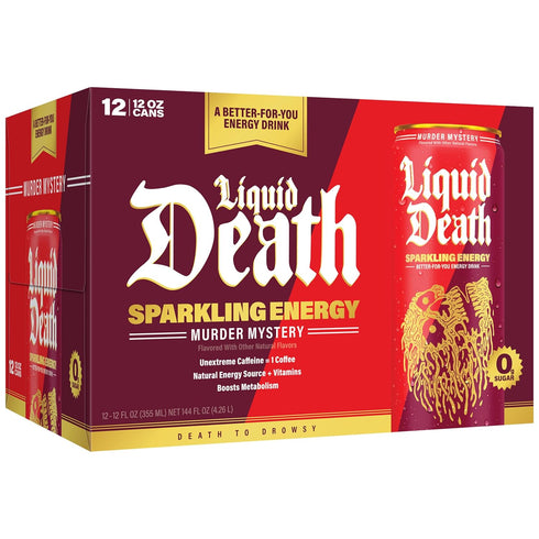 100mg, 12 Oz (Pack 12) Liquid Death Sparkling Energy - Murder Mystery (Cherry, Cream, Spice), Zero Sugar Energy Drink