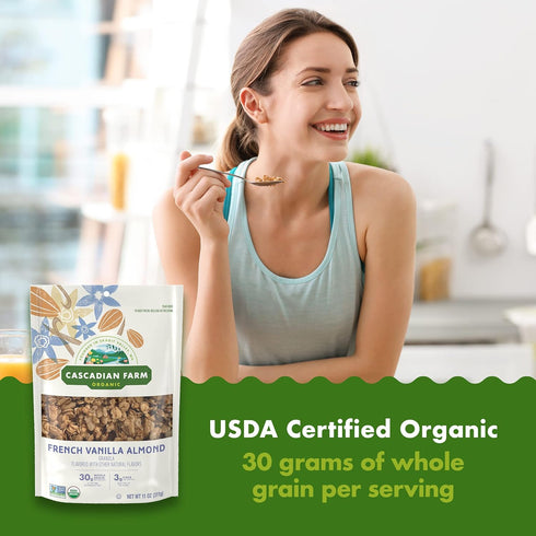 11 oz (Pack 4) Cascadian Farm Organic Granola, French Vanilla Almond Cereal, Resealable Pouch