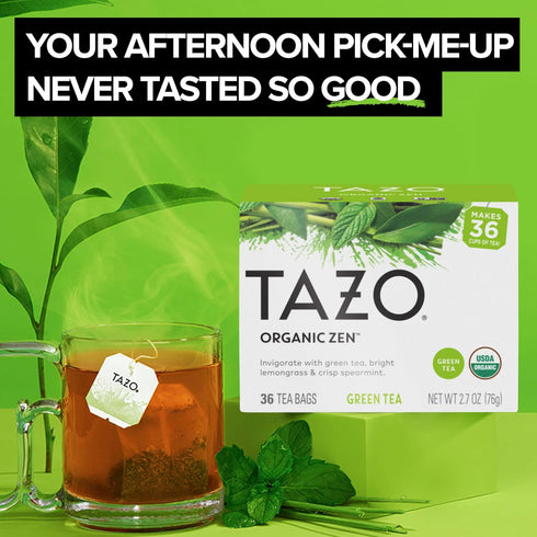 144 (36ct Pack 4) TAZO Organic Zen Green Tea, Green Tea Zen for Health and Wellness, Total Tea Bags