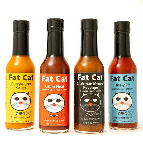 Set (4 Pack) Funny Cat Name Natural Hot Sauce Gift Box and Bundle by Fat Cat Gourmet | Medium to Extra Hot Sampler
