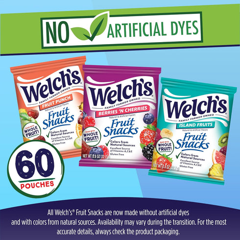 0.8oz Packs (Pack 60) Welch's Fruit Snacks, Fruit Punch, Island Fruits & Berries 'N Cherries Snack Box, Gluten Free