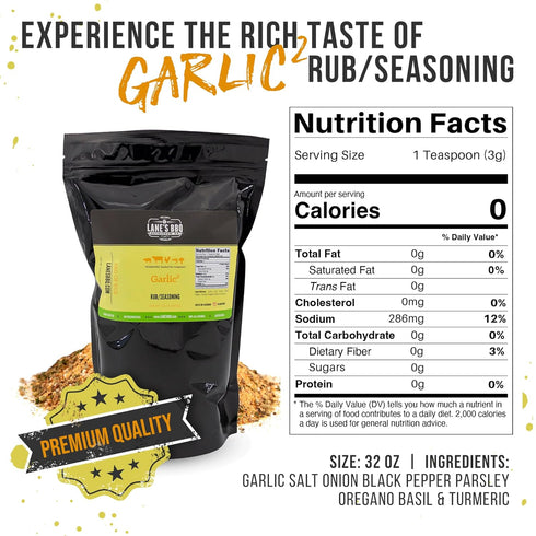 2lb Lane's Garlic Seasoning, All-Natural Garlic Powder Seasoning Rub, for Beef, Pork, Seafood, and Garlic Bread, No