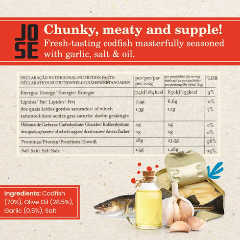 3, 125g Codfish in Olive Oil and Garlic by Jose Gourmet, Wild Caught Portuguese Codfish, Canned Cod in Olive Oil, Omega