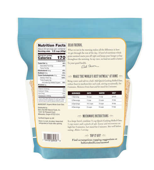 32oz (Pack 4) Bob's Red Mill Organic Quick Cooking Rolled Oats, of - Non GMO, Whole Grain, Vegan, Kosher