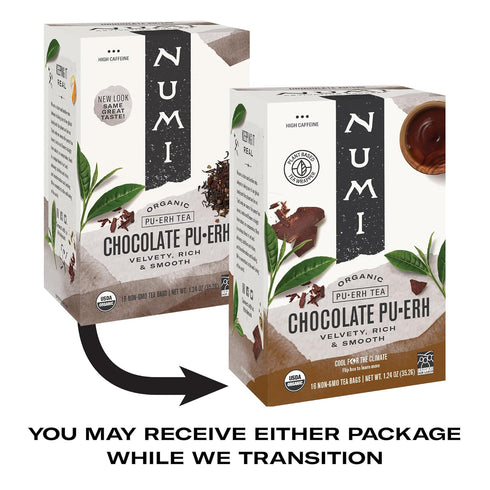16 Numi Organic Chocolate Pu-erh Tea, Dark Tea Bags, Aged Yunnan Pu-erh Tea with Cocoa