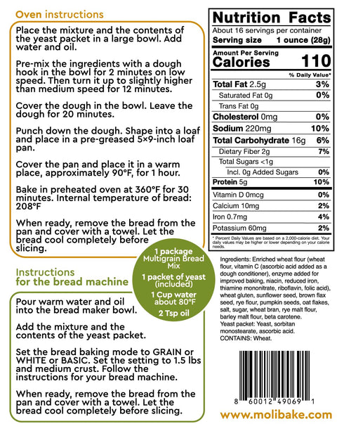 15 oz Molibake Multigrain Bread Mix Premium All-Natural Baking Mix for Bread Machine and Oven Gourmet Blend