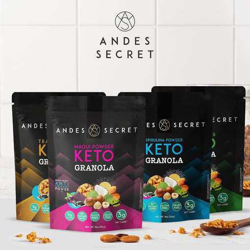 11 oz (1 Pack) Andes Secret Maqui Powder Granola - Almonds, Hazelnuts - Keto High Protein Granola with No Sugar, Grain