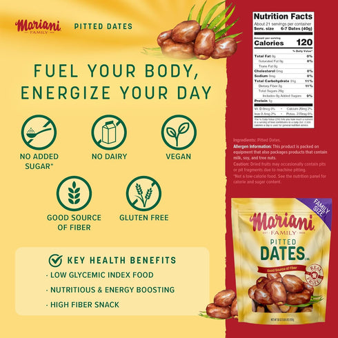 30oz Mariani Dried Pitted Dates, Bag - Dried Dates Pitted No Sugar Added, No Dairy, Vegan, and Full of Fiber
