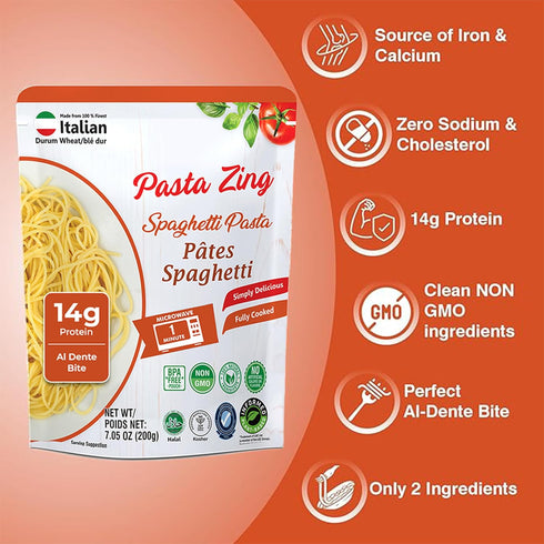 1 100% 7.05 oz (Pack 7) Pasta Zing Spaghetti Pasta Fully Cooked, Ready in Minute, Microwaveable Meal, Made with Italian