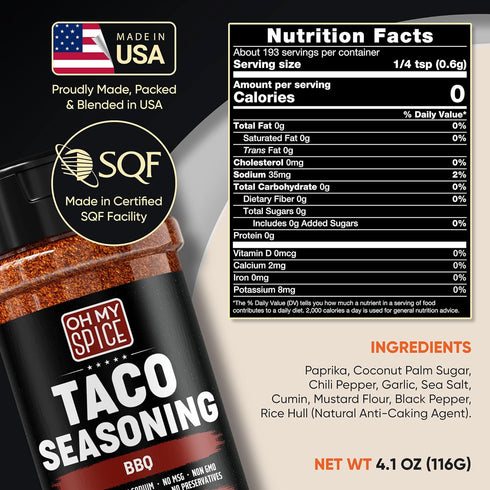 Taco Seasoning Mix BBQ Rub - Gluten Free & Low Sodium Mexican Seasoning Blend for Tacos, Fajitas, and Burritos (4.1oz)