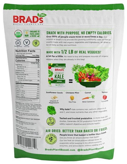 Pack, 3Bags, 6 Brad's Plant Based Organic Crunchy Kale Variety Vampire Killer/Original Probiotic/Cheez It Up, Servings