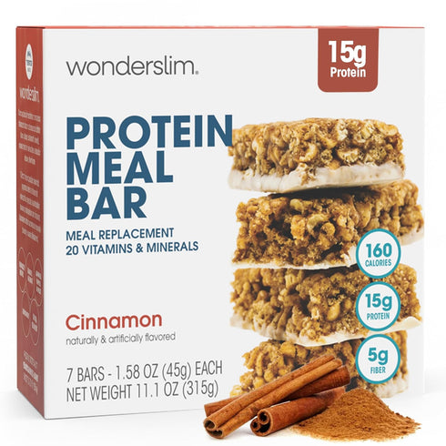 WonderSlim Meal Replacement Protein Bar, Cinnamon, 15g Protein, 20 Vitamins & Minerals,