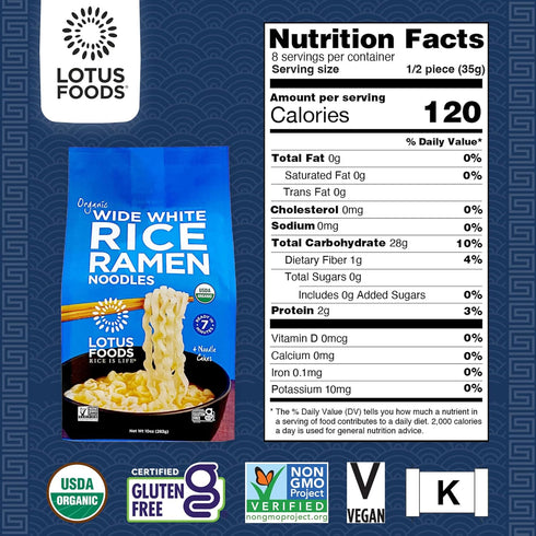 10 oz 4 Pack (Pack 6) Lotus Foods Wide White Rice Ramen Noodles - Gluten Free & Organic Wide Rice Noodles for Soup